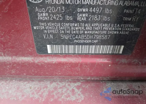 2013 Hyundai Sonata Se 2.0T from USA, damaged, VIN 5NPEC4AB5DH798587